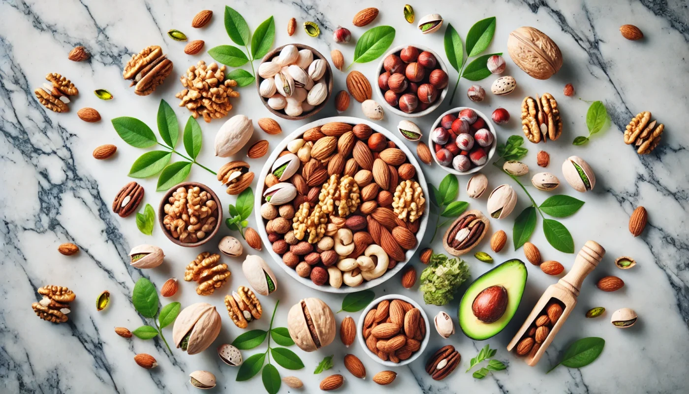 A beautifully arranged flat lay of walnuts, almonds, pistachios, hazelnuts, and pecans on a white marble surface, with a mix of whole and cracked nuts, fresh green leaves, and soft natural lighting.