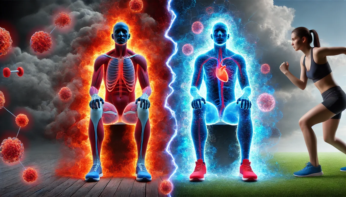 A split-screen comparison of two human figures: a sedentary person surrounded by red, glowing inflammation and an active individual with a vibrant blue aura, symbolizing reduced inflammation. The background transitions from dark and cloudy to bright and clear, illustrating exercise’s role in reducing inflammation.