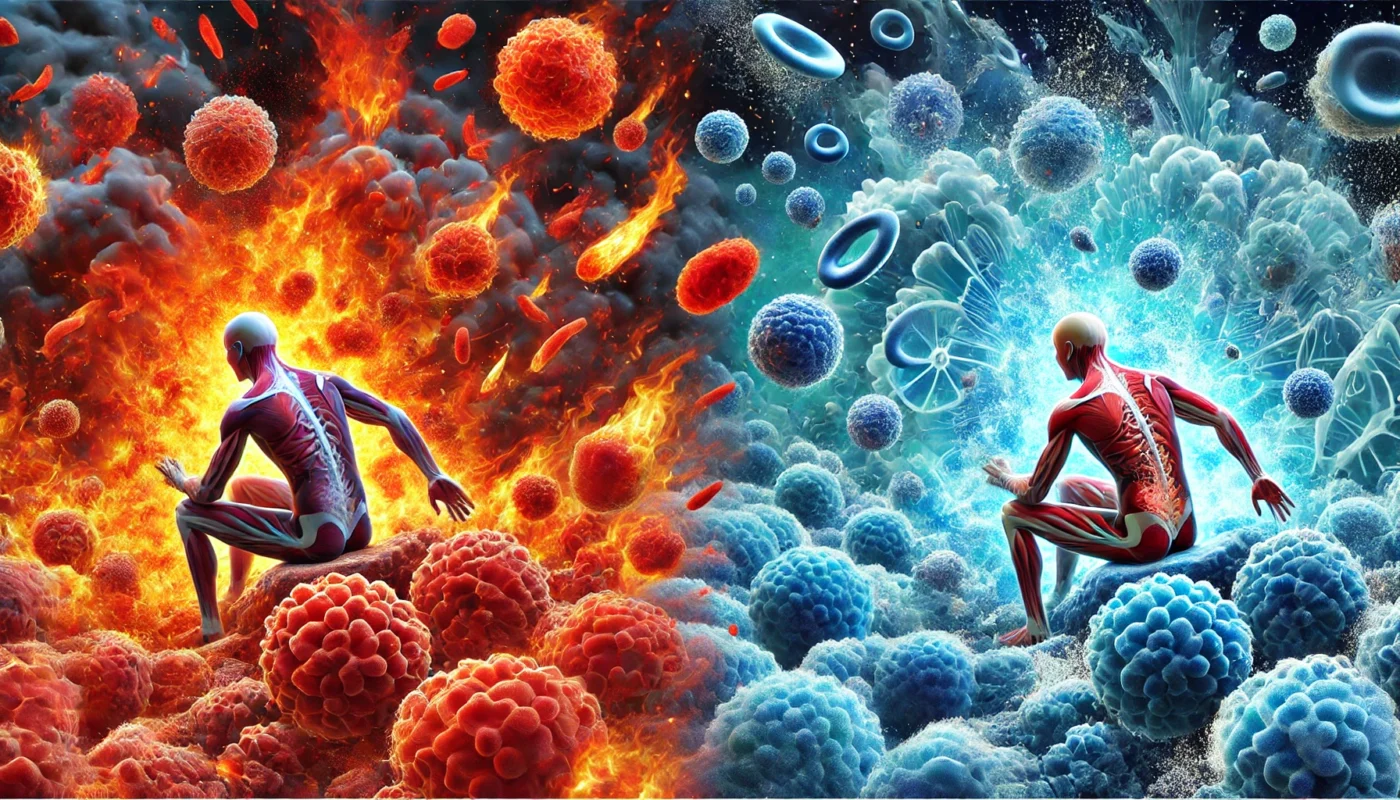 An artistic visualization of the immune system reacting to inflammation before and after exercise. The left side features fiery red inflammatory cells attacking tissue, while the right shows a serene blue environment with balanced white blood cells restoring harmony, symbolizing the healing effects of exercise.