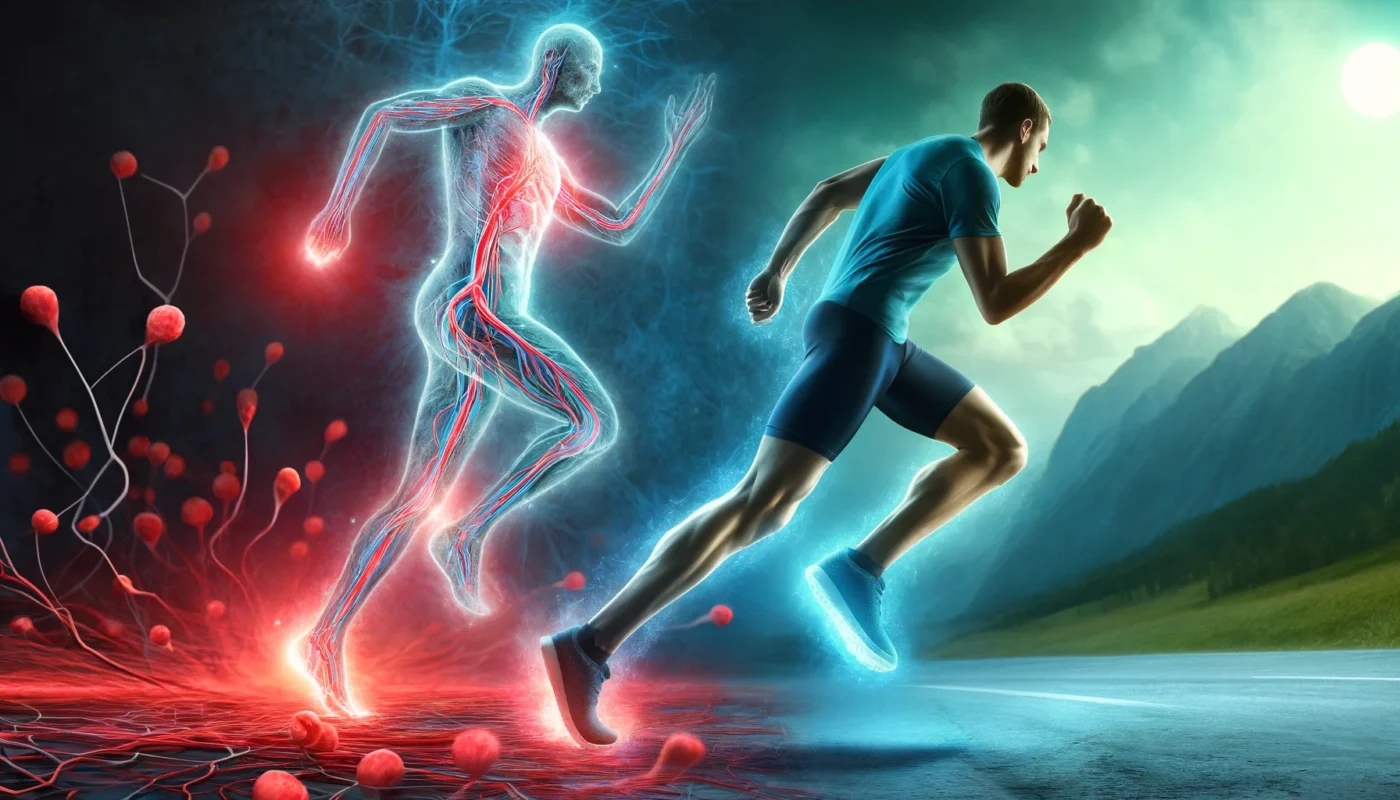 A dynamic image of a runner mid-stride with a glowing circulatory system. The background contrasts an inflamed body with red, swollen veins on the left and a post-exercise body with smooth, healthy circulation in blue and green tones, emphasizing the role of movement in reducing inflammation