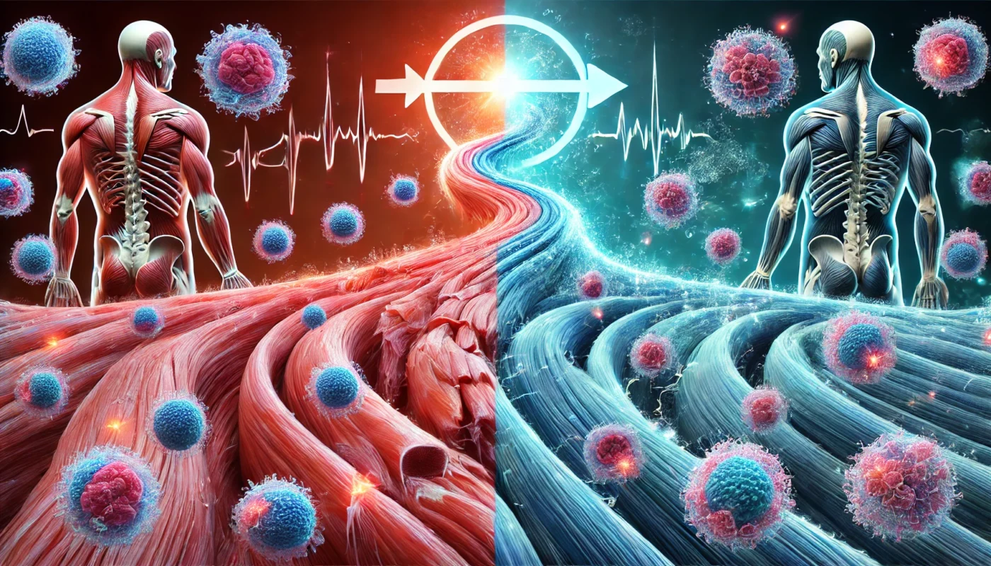 A conceptual microscopic view of muscle recovery through exercise. The left side shows inflamed muscle fibers glowing red, while the right side reveals post-exercise fibers in a cool blue state, surrounded by repairing cells. A wave of movement symbolizes the transition from inflammation to healing