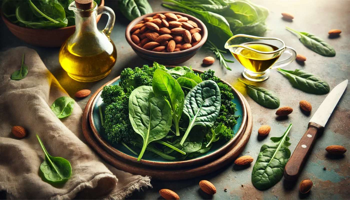 A vibrant plate of mixed leafy greens, including spinach, kale, and arugula, accompanied by a bowl of almonds and a drizzle of olive oil. The deep greens contrast beautifully with the warm brown of the almonds and golden hue of the oil.