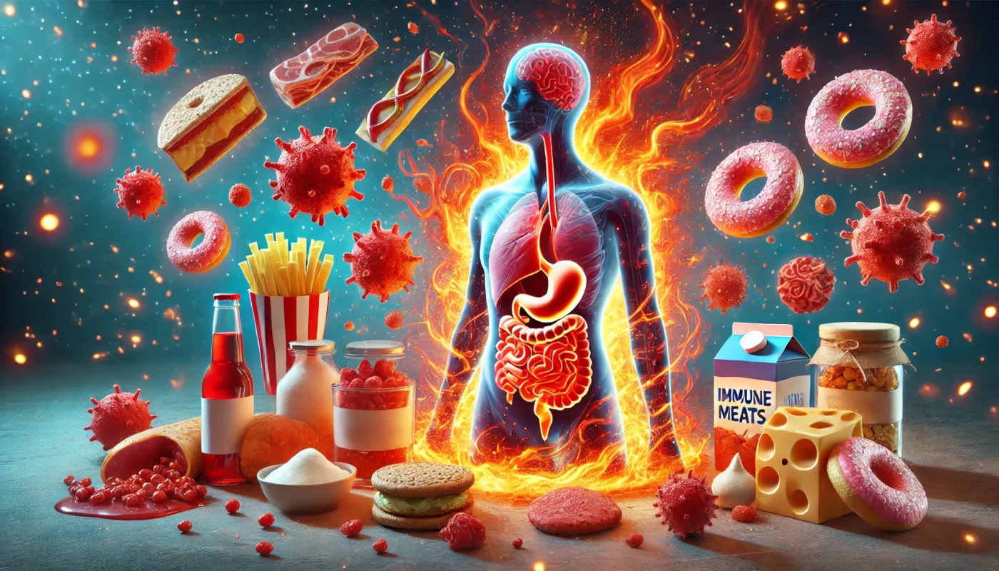 A digital illustration of the inflammatory response to food, featuring glowing red swollen tissue surrounded by immune cells attacking foreign particles. The background contains conceptual depictions of processed foods such as sugary treats, meats, and dairy, symbolizing dietary triggers of inflammation. Fiery patterns emphasize chronic inflammation.