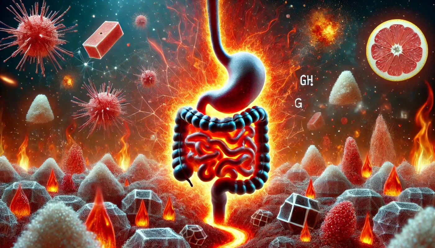  A surreal depiction of chronic inflammation in the digestive system due to food. The image showcases a glowing red gut with heat waves and immune cells reacting to food particles, including sugar crystals, processed fats, and artificial additives. The scene visually represents prolonged inflammation and immune system overactivity.