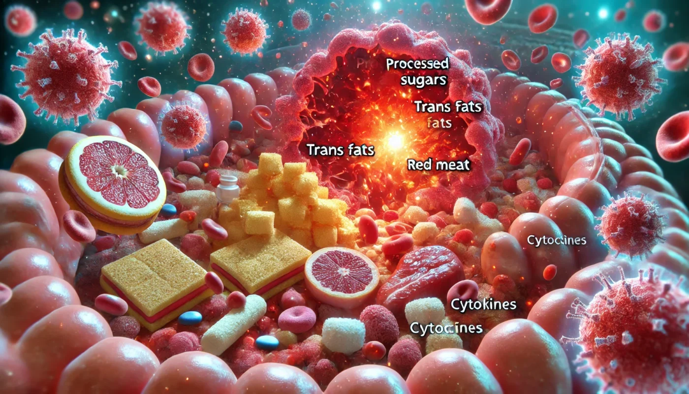  scientific illustration of the immune response to inflammatory foods, showing an enlarged view of immune cells attacking harmful food components like processed sugars, trans fats, and red meat. The intestinal lining appears swollen and red, surrounded by cytokines and white blood cells engaging in a microscopic battle.