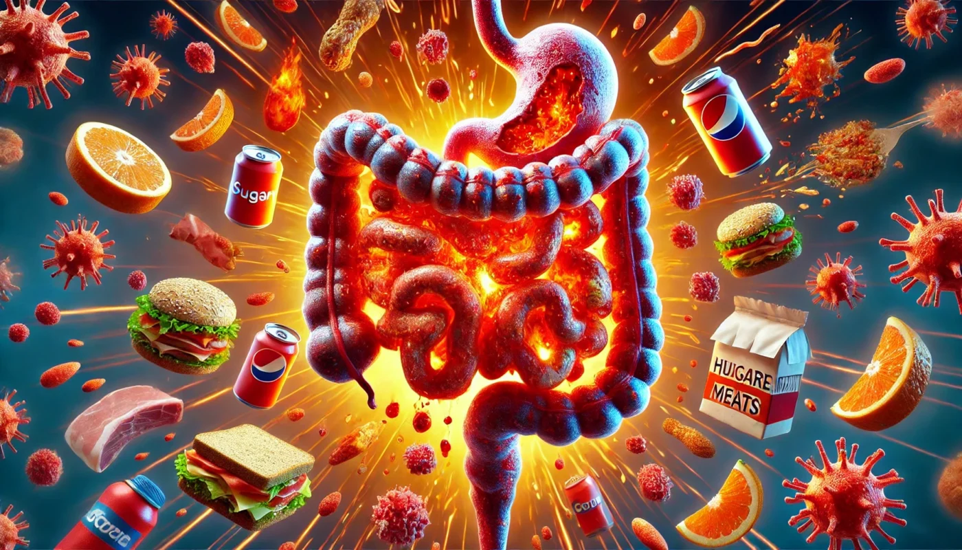 A conceptual illustration of inflammation triggered by food in the digestive system. A cross-section of the gut shows irritated, swollen tissue with aggressive immune cells reacting to inflammatory foods, such as sugary drinks, processed meats, and refined carbohydrates. Intense reds and fiery effects highlight the body's response.