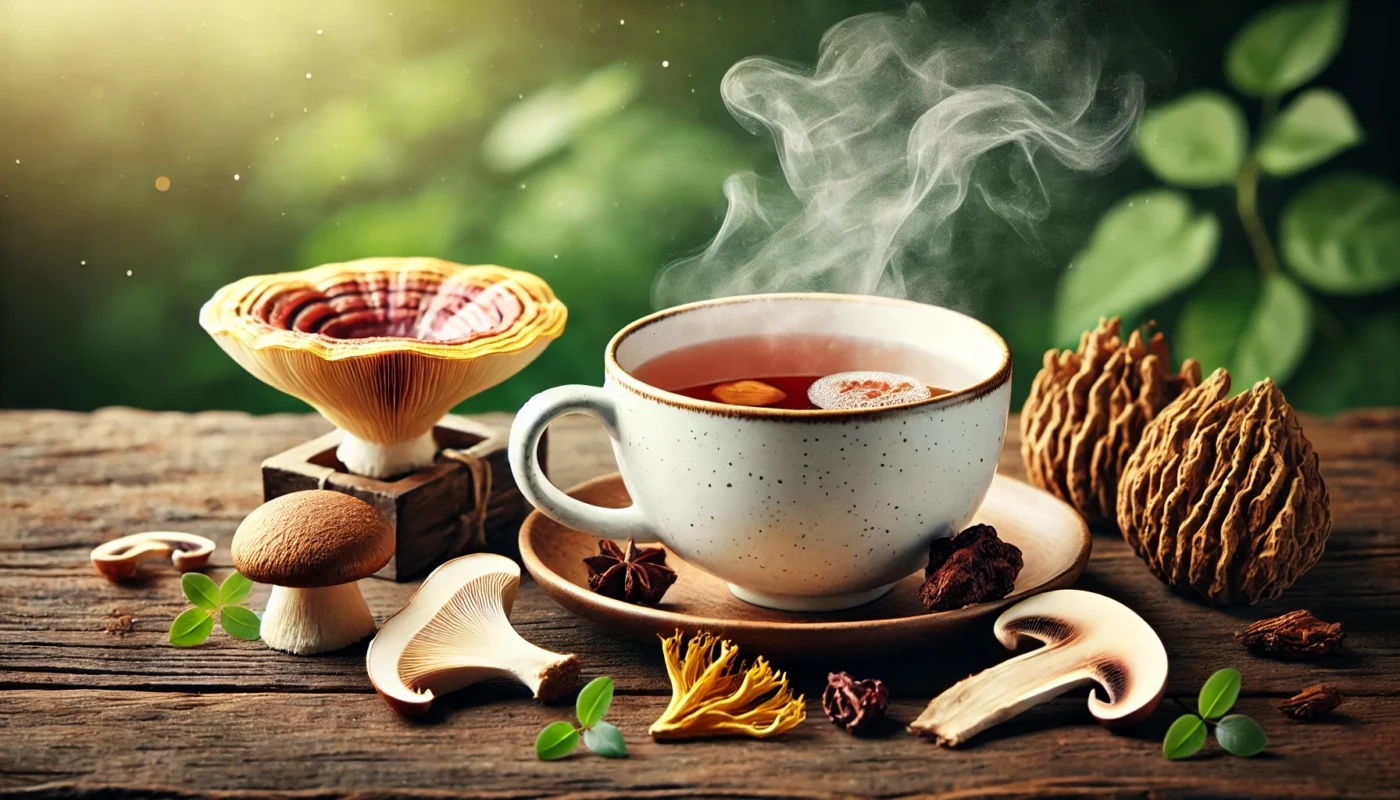 A steaming cup of mushroom tea infused with earthy hues, surrounded by medicinal mushrooms like reishi, chaga, and lion’s mane, against a soft, blurred green foliage background, representing natural anti-inflammatory properties.