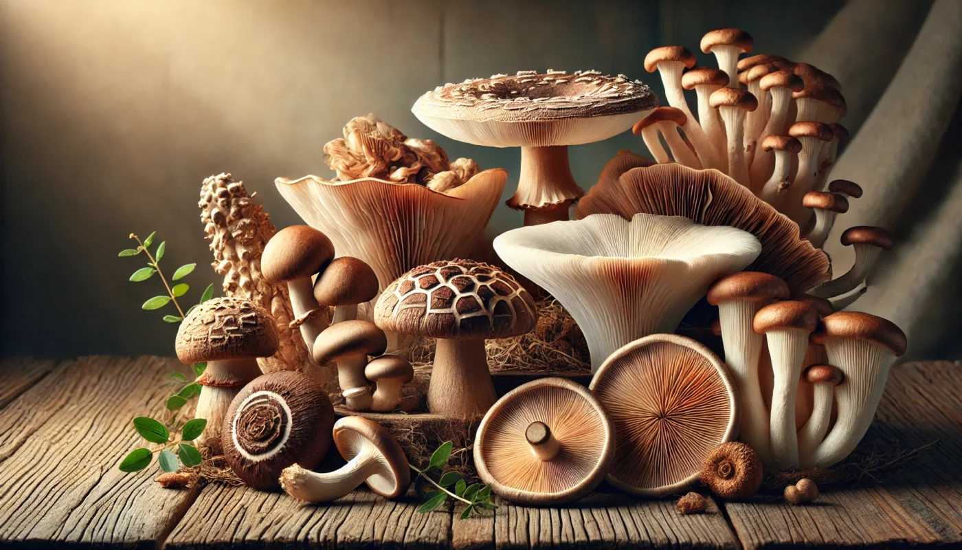 A close-up of freshly harvested medicinal mushrooms, including reishi, shiitake, and maitake, arranged on a rustic wooden surface, highlighting their intricate gills, textures, and natural anti-inflammatory benefits.