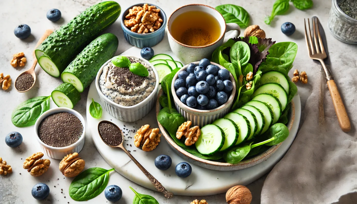 A visually appealing display of anti-inflammatory snacks on a marble countertop, including sliced cucumbers with hummus, chia seed pudding, walnuts, blueberries, dark leafy greens, and a cup of green tea.