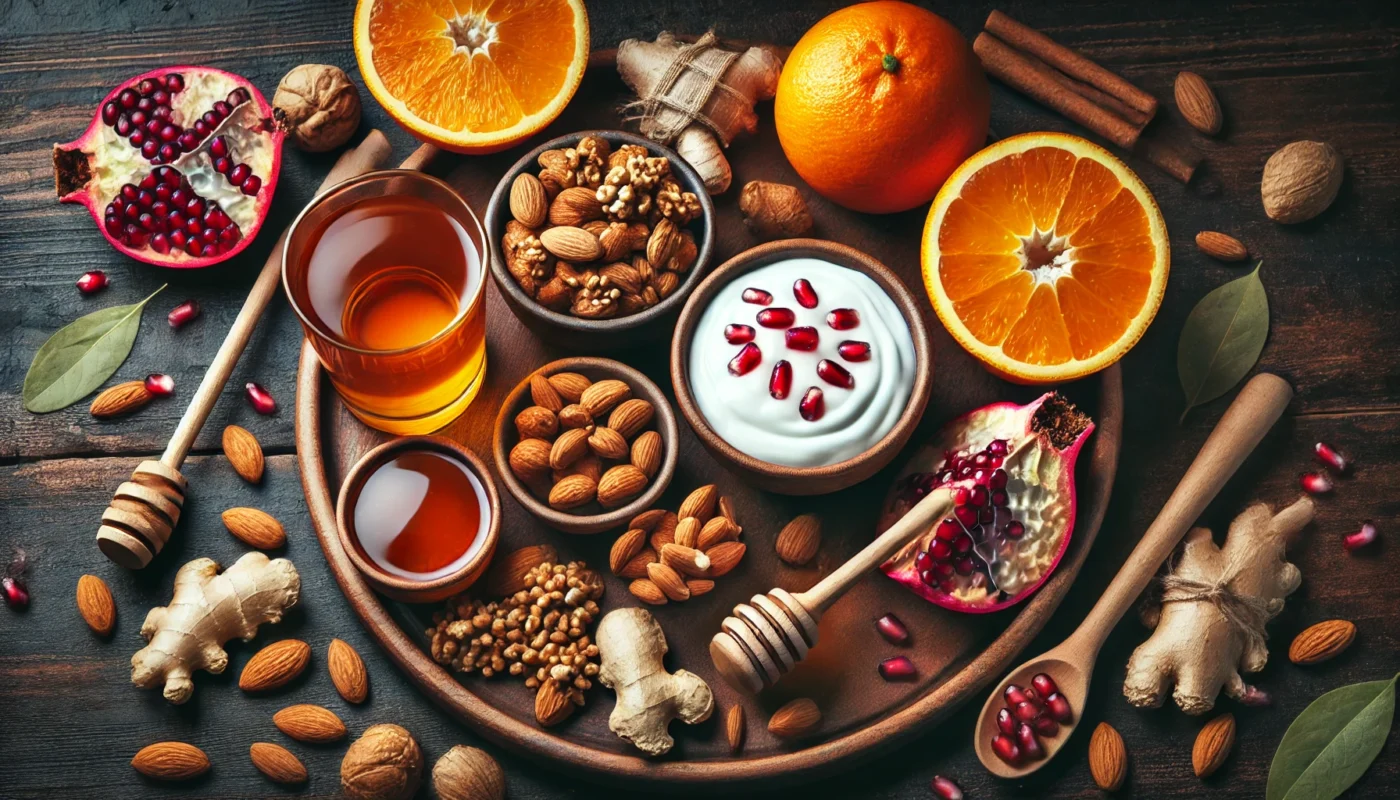 A top-down view of an anti-inflammatory snack board on a dark wooden surface, with almonds, walnuts, orange slices, a small bowl of yogurt with honey, pomegranate seeds, and ginger tea.

