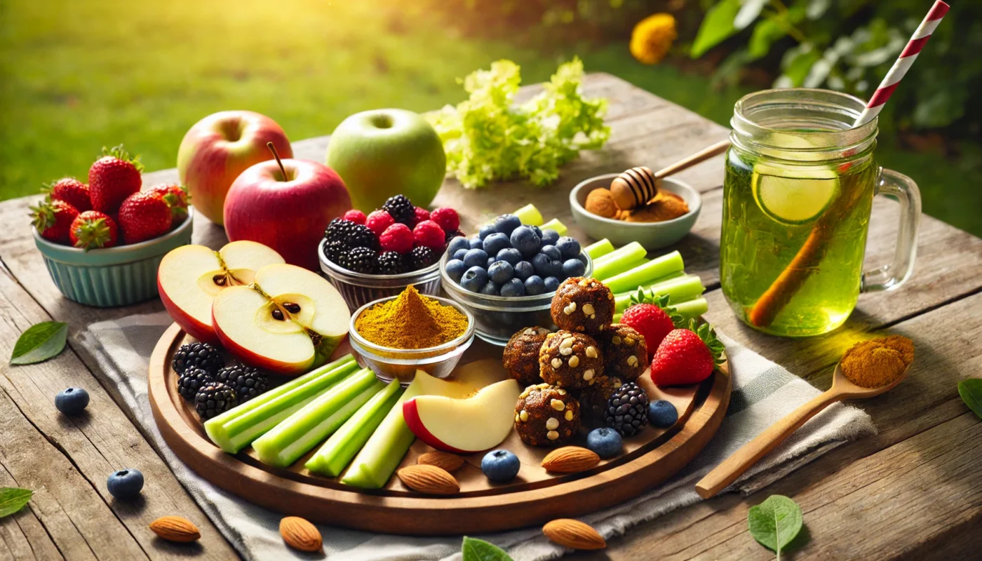 A fresh and colorful anti-inflammatory snack platter set outdoors on a picnic table, featuring sliced apples with almond butter, a bowl of mixed berries, turmeric energy balls, celery sticks, and green tea in a glass cup.