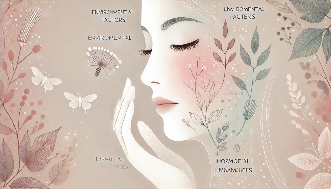 A soft and elegant depiction of the causes of facial inflammation, featuring abstract representations of environmental factors, allergens, and hormonal imbalances merging with a calm facial expression.
