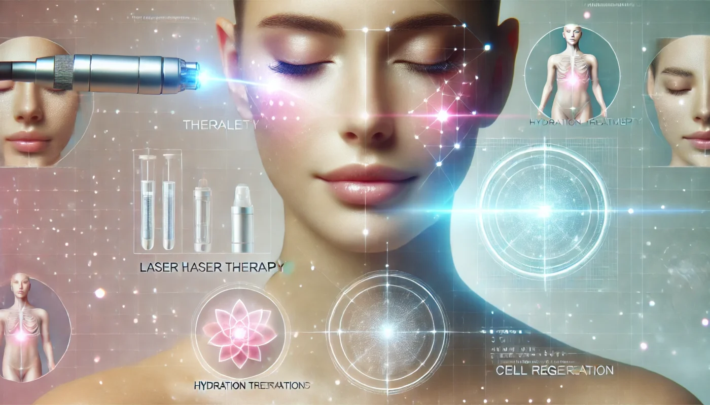 A futuristic yet soft visualization of advanced dermatological treatments for facial inflammation, combining modern skincare technology with a serene atmosphere and pastel tones for a healing effect.