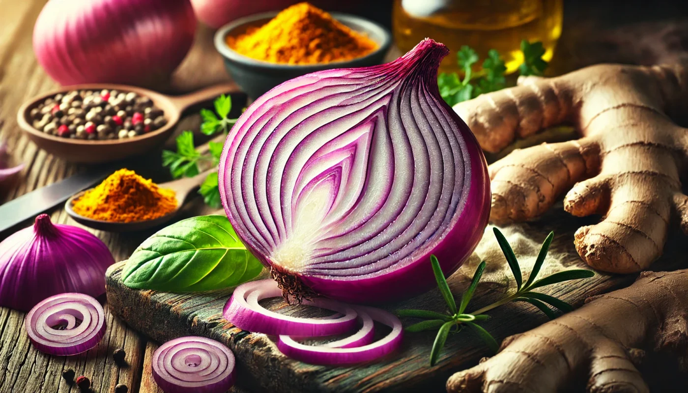 A close-up of a sliced red onion with vibrant purple layers, surrounded by fresh turmeric and ginger on a rustic wooden table. The soft lighting highlights the textures and colors, emphasizing the natural anti-inflammatory properties.