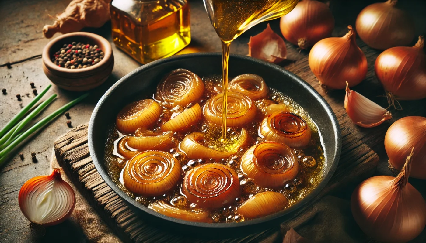 A detailed view of caramelized onions being sautéed in olive oil, releasing a golden glow. The rich textures and deep colors represent the anti-inflammatory and health-enhancing benefits of onions.