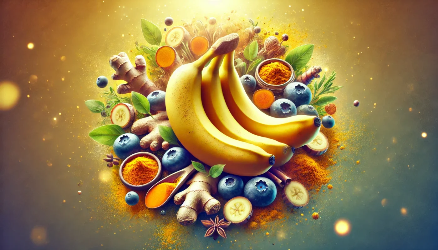 Fresh bananas surrounded by natural anti-inflammatory ingredients like turmeric, ginger, and blueberries, set against a warm, golden wellness-themed background.