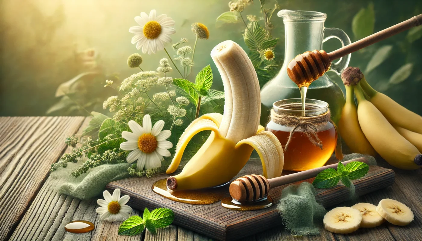 A sliced banana elegantly placed on a wooden surface with honey drizzle, surrounded by healing herbs such as mint and chamomile, against a soothing green and yellow background.