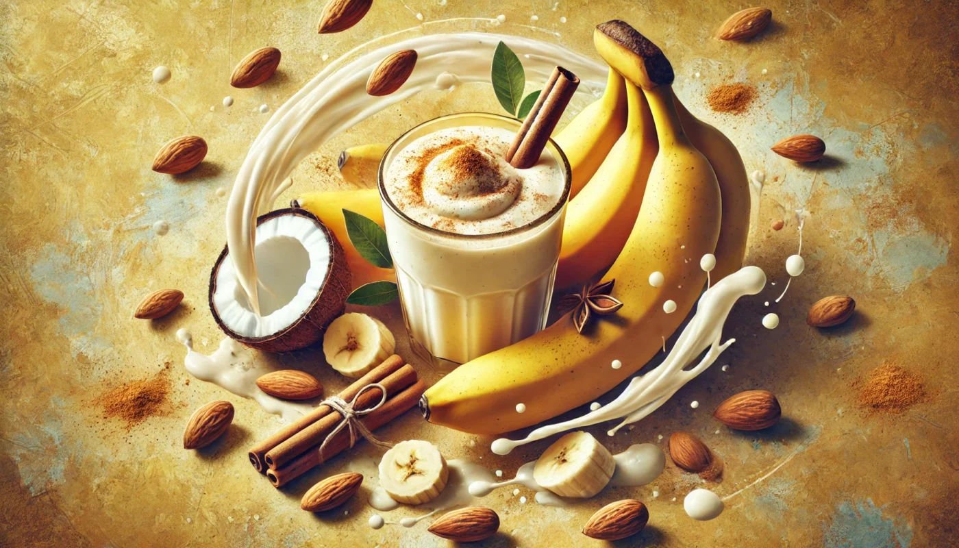 A banana smoothie in a glass, garnished with cinnamon and surrounded by fresh bananas, almonds, and a splash of coconut milk, with a golden-hued, swirling texture background.