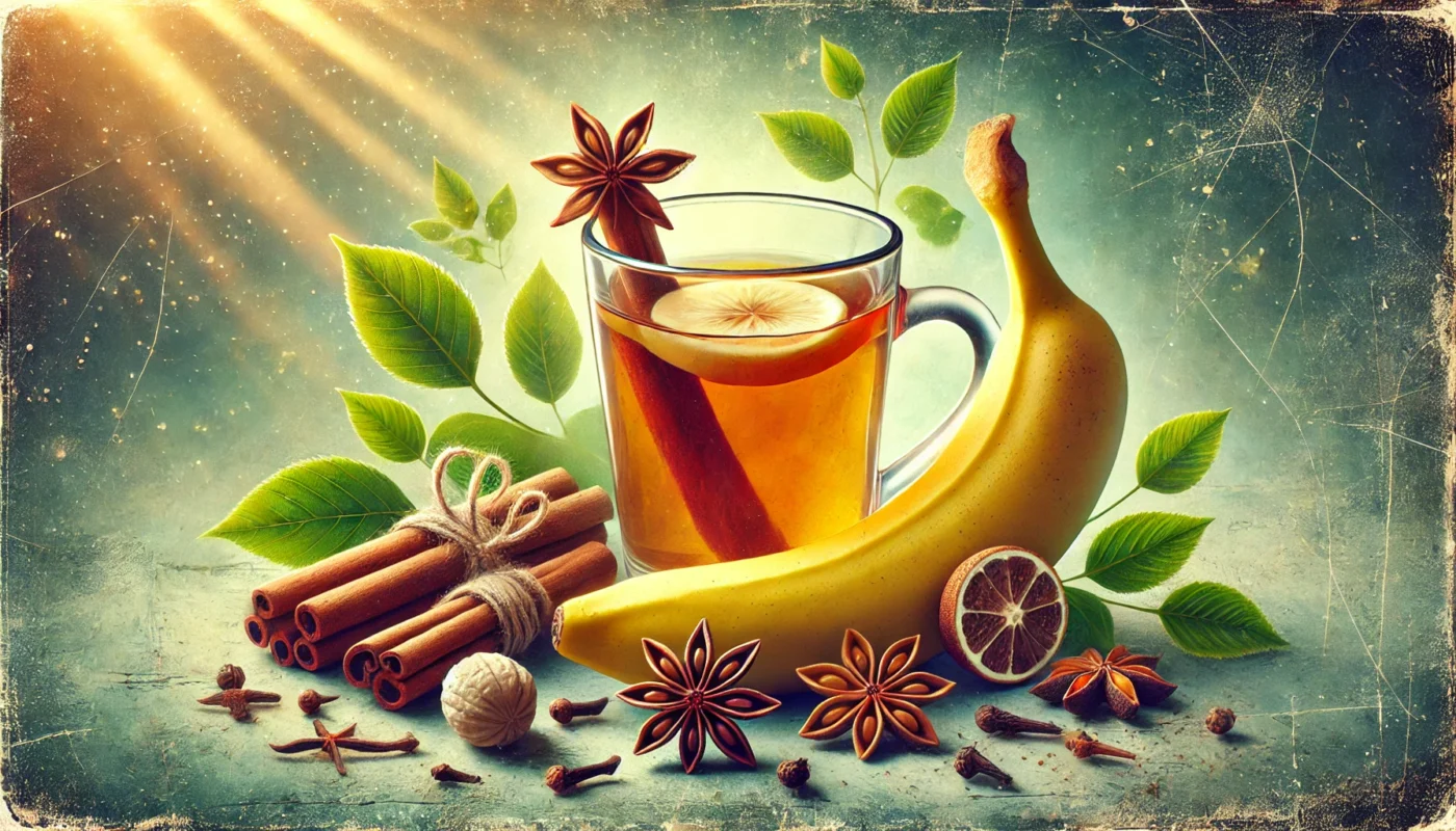 A banana-infused herbal tea in a glass cup, surrounded by healing spices like cinnamon, cloves, and star anise, with soft light rays filtering through green leaves in the background