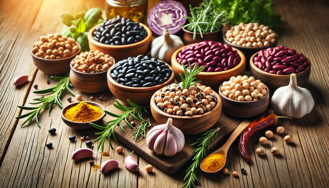 A vibrant assortment of black beans, kidney beans, and chickpeas displayed in rustic wooden bowls on a wooden table, surrounded by fresh herbs, turmeric, and garlic, highlighting their anti-inflammatory properties.