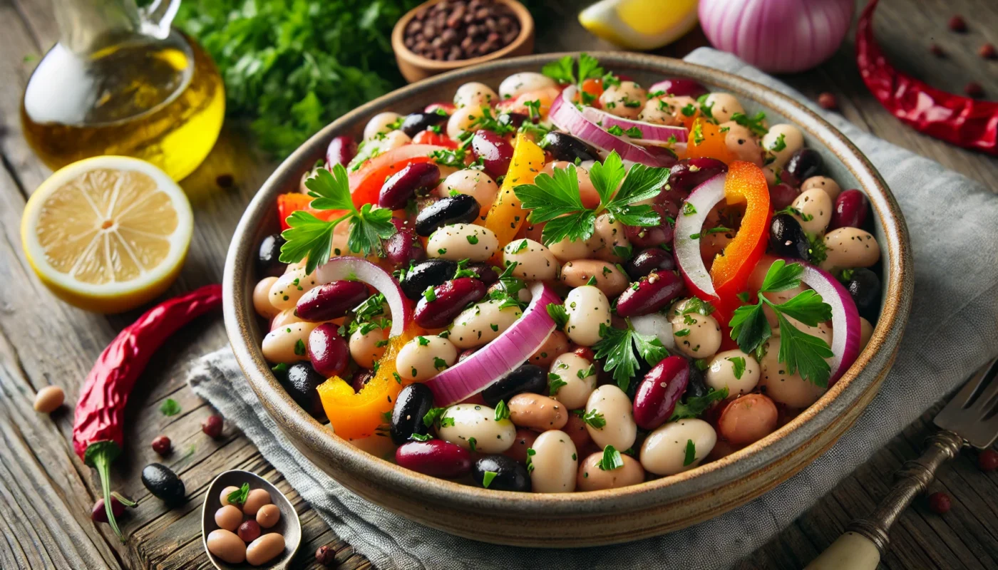 A colorful bean salad made with black beans, white beans, and red kidney beans, mixed with bell peppers, onions, and parsley, drizzled with olive oil, and served in a rustic ceramic bowl, emphasizing freshness and health benefits.