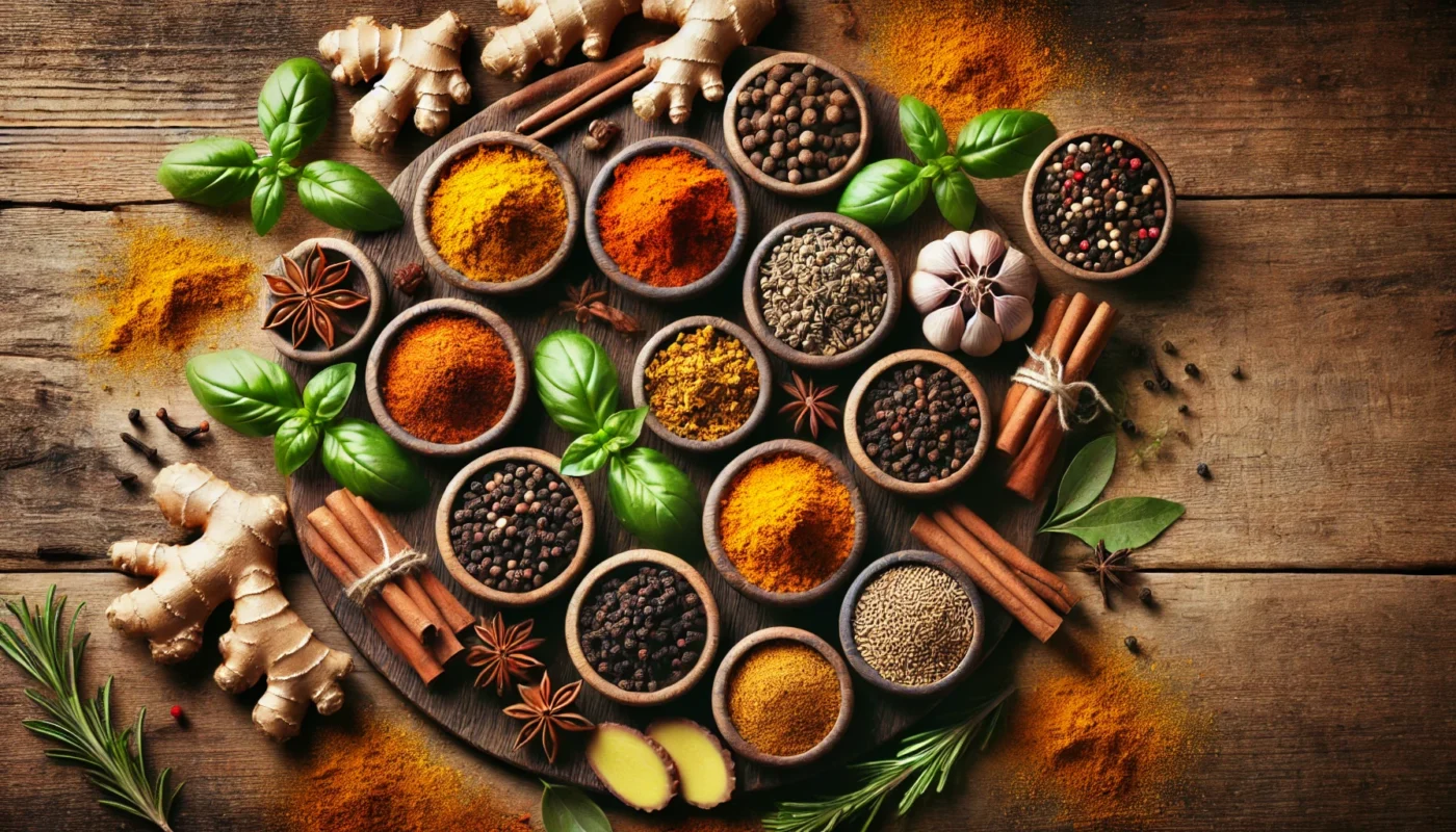  An artistic display of turmeric, ginger, cinnamon, cloves, and black pepper in small bowls, with fresh herbs like basil and rosemary on a wooden surface.