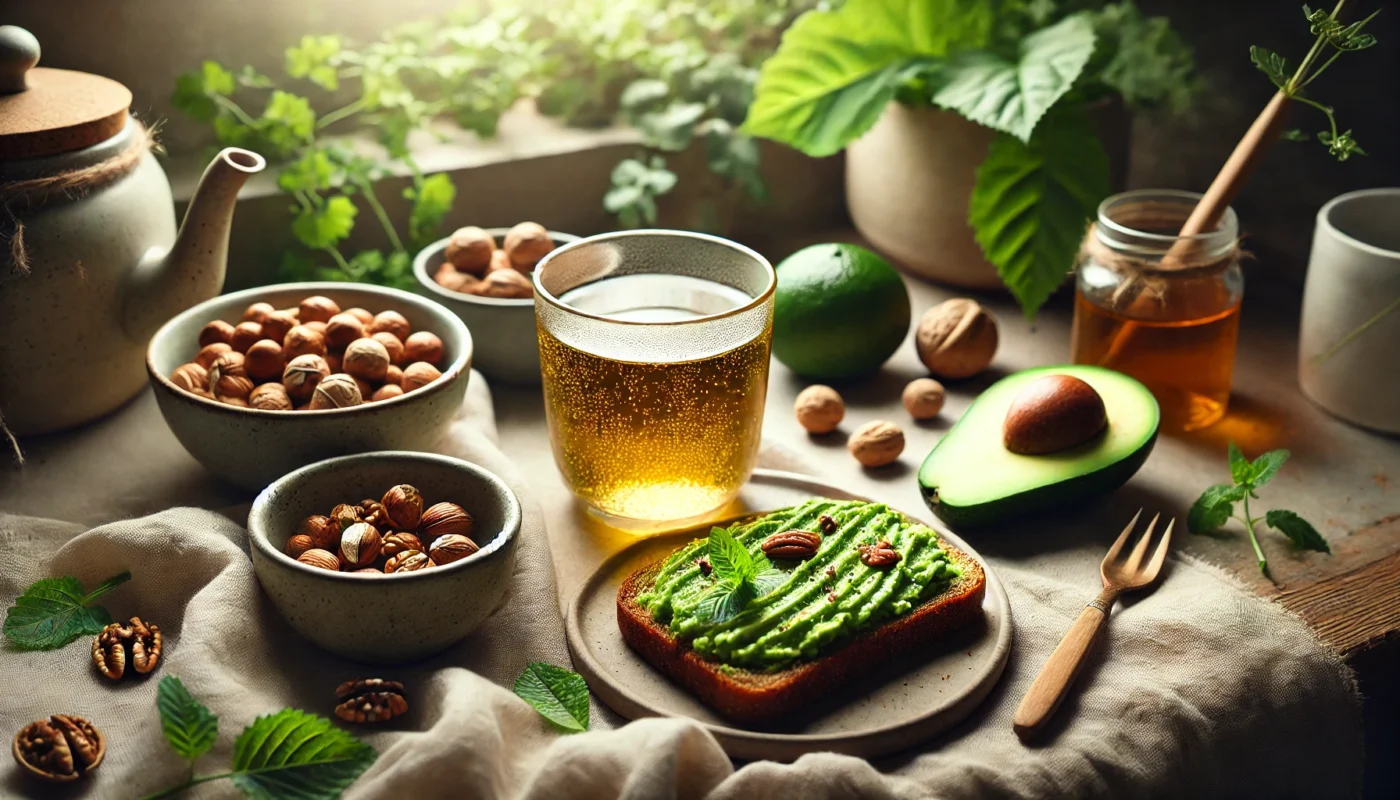 A serene scene featuring a glass of green tea, a bowl of mixed nuts, and avocado toast, surrounded by fresh herbs and leafy greens, evoking a sense of calm and health.