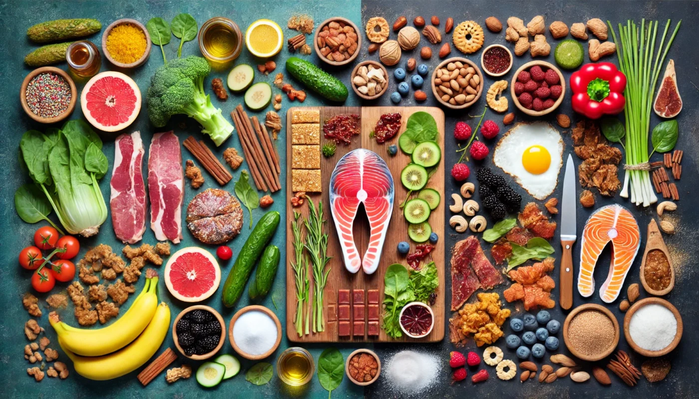  A split composition on a wooden cutting board: one side displaying processed meats, sugary snacks, and fried items, while the other side showcases fresh vegetables, nuts, salmon, and berries.