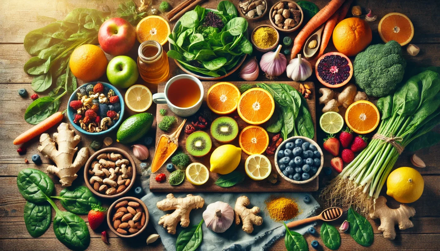 A vibrant spread of immune-boosting foods and herbs, including citrus fruits, fresh ginger and turmeric roots, garlic cloves, leafy greens, berries, nuts, seeds, and a cup of herbal tea with honey, arranged on a wooden table with natural lighting