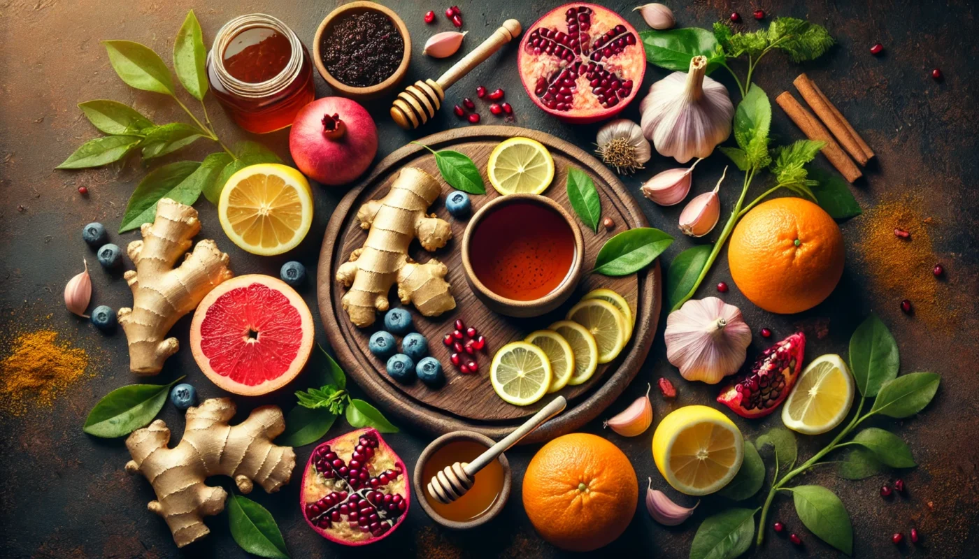 A top-down view of immune-boosting ingredients, including sliced citrus fruits, ginger and turmeric roots, pomegranate seeds, honey, garlic cloves, berries, leafy greens, and herbal tea, displayed on a dark rustic surface.