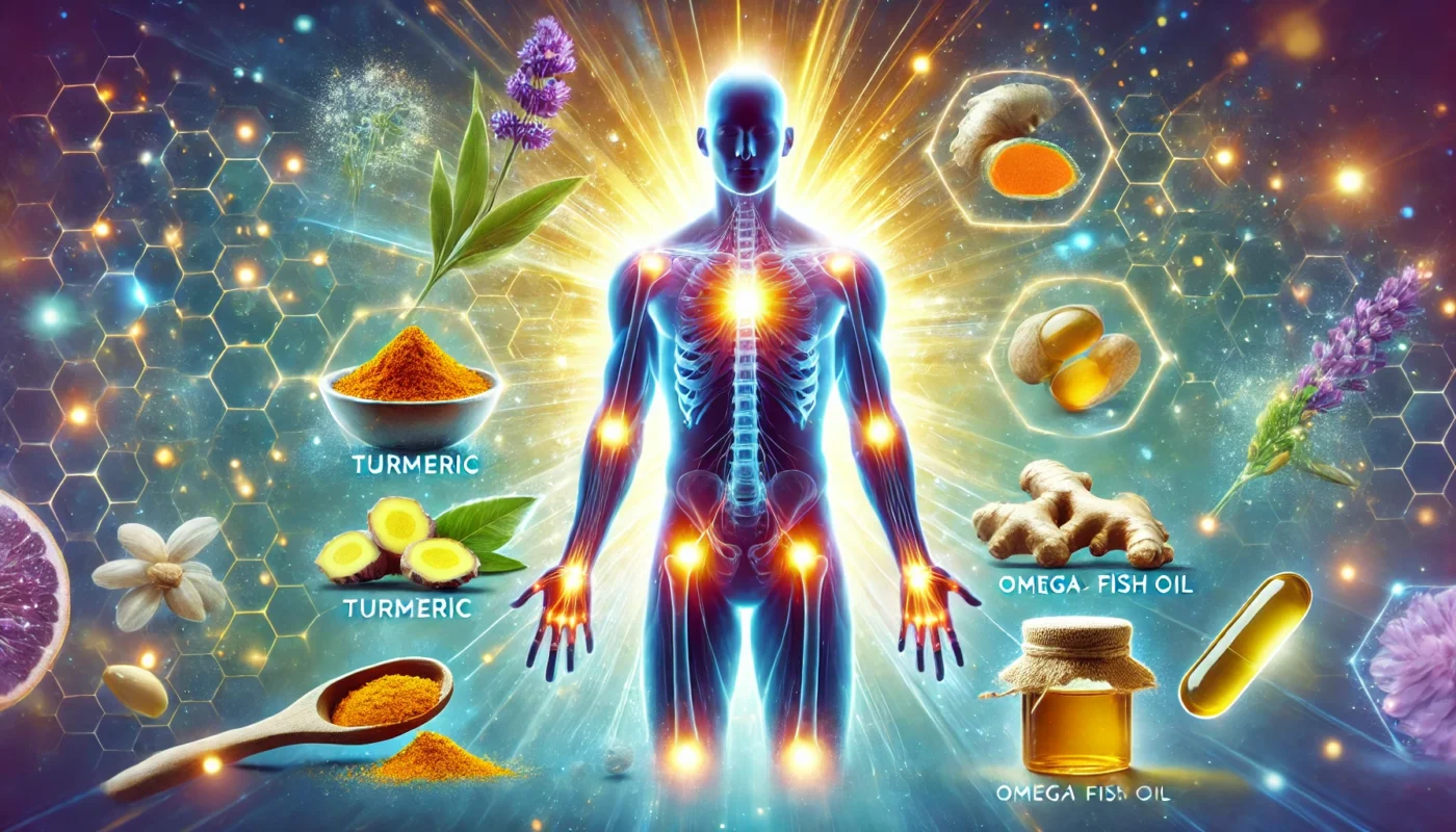  A dynamic image depicting the benefits of anti-inflammatory supplements for joint and muscle health. A glowing human silhouette with highlighted joints is surrounded by natural healing elements such as turmeric and omega-3