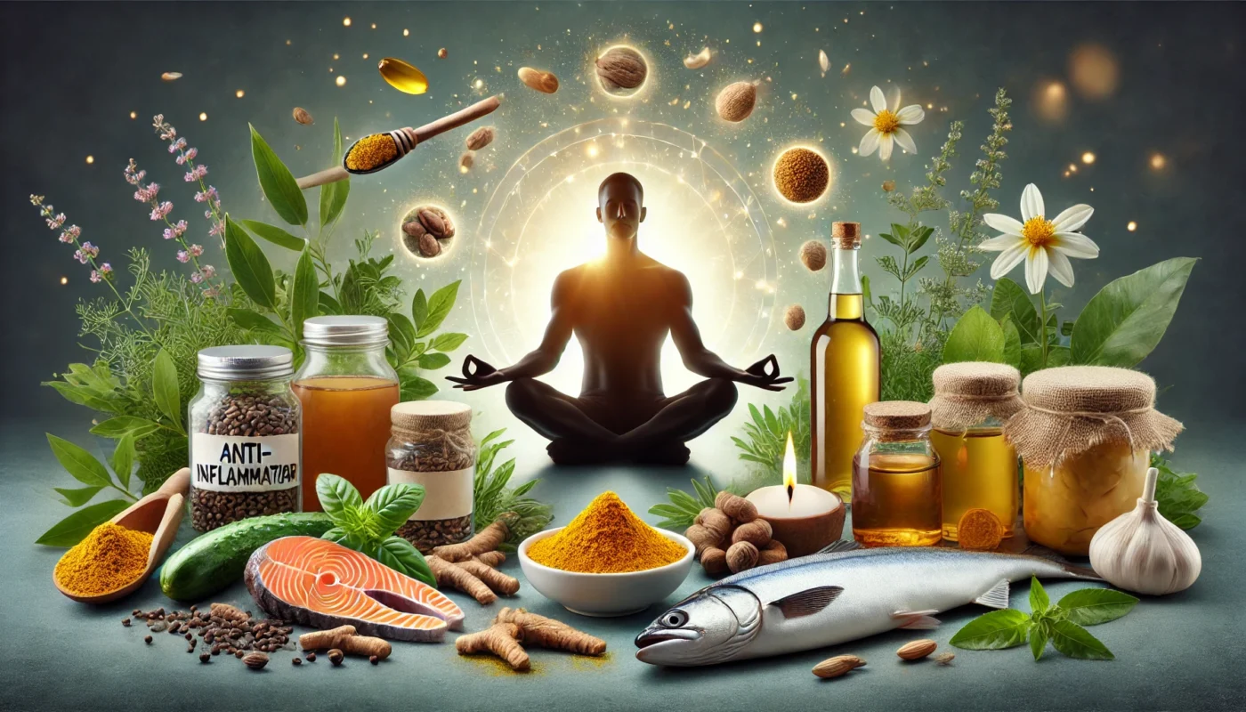 A serene wellness-themed image showing a meditative person encircled by natural anti-inflammatory ingredients like turmeric, green tea, and omega-3-rich fish, symbolizing inner balance and reduced inflammation.