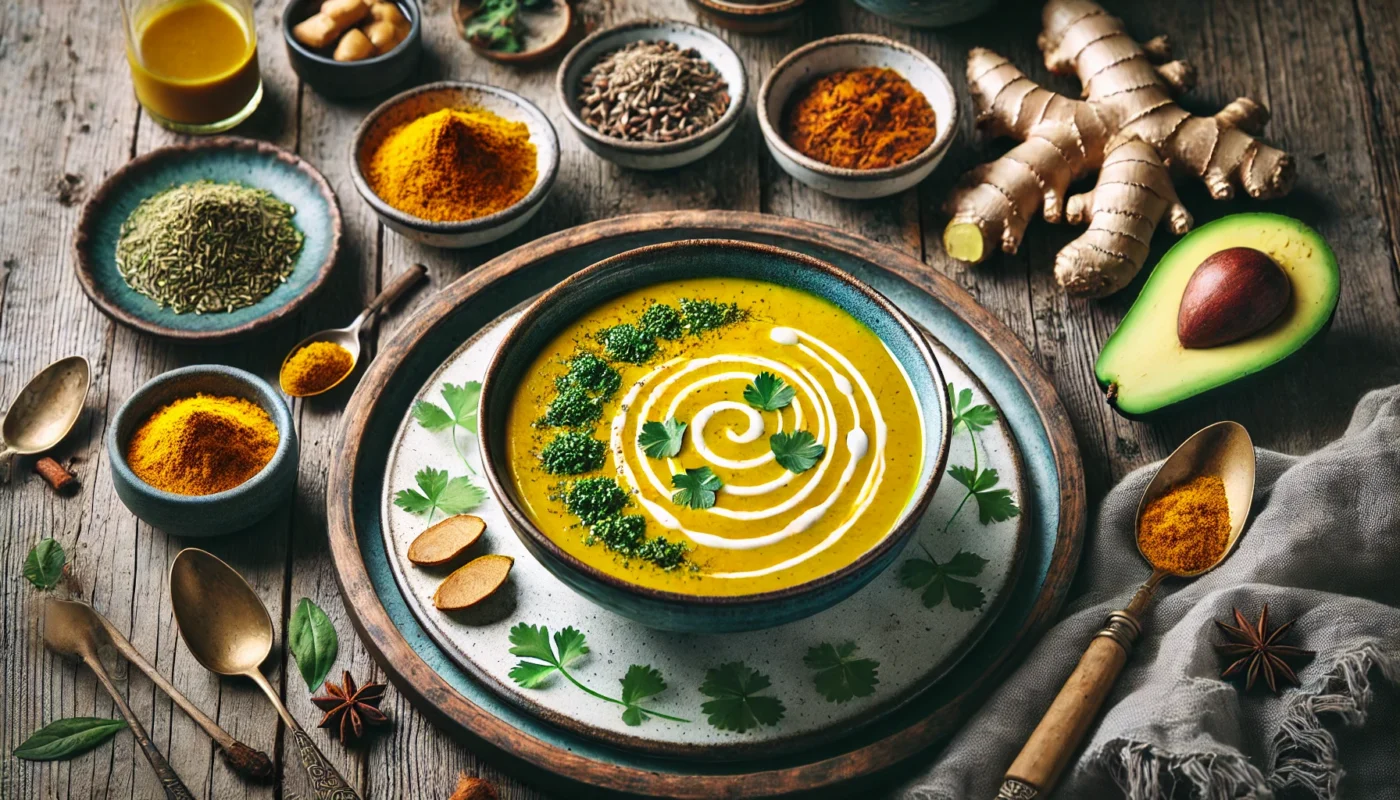 A beautifully plated bowl of golden turmeric-infused soup, garnished with fresh herbs and a drizzle of coconut cream. The rustic setting includes small bowls of turmeric, ginger, and cinnamon, accompanied by whole-grain crackers and sliced avocado.