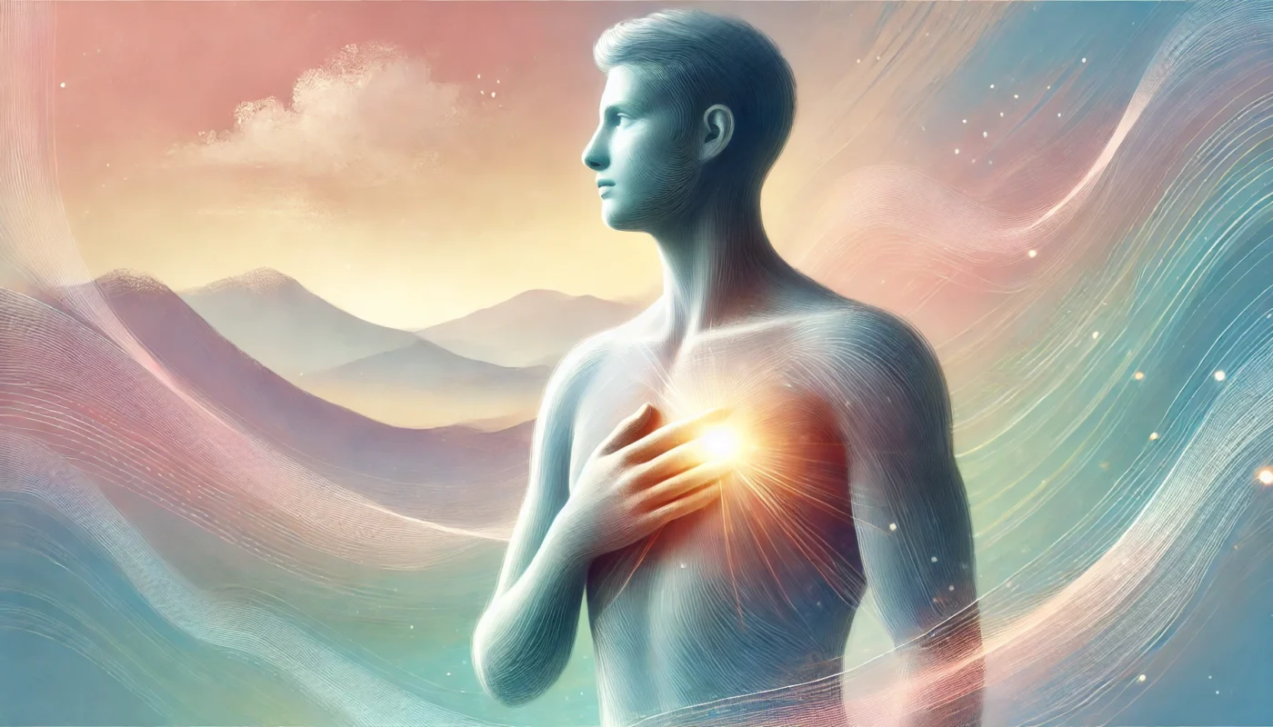 A person in a serene environment taking deep breaths, surrounded by a soft glowing aura around their chest, symbolizing healing. The background features pastel hues blending smoothly to create a sense of relaxation and recovery.