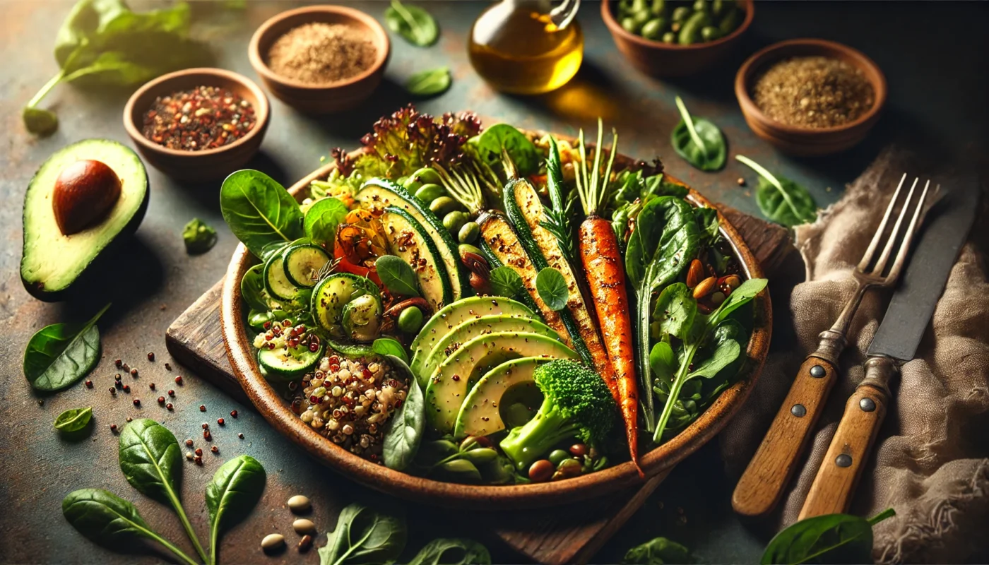 A beautifully plated vegan meal featuring roasted vegetables, quinoa, avocado, and leafy greens, drizzled with a light dressing. Surrounded by fresh herbs, the dish sits on a rustic ceramic plate, emphasizing the appeal of wholesome, anti-inflammatory eating.

