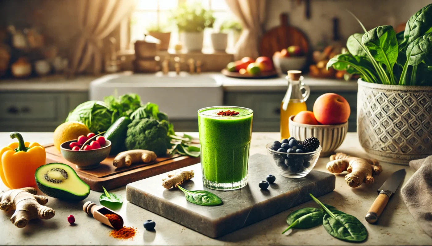 A serene kitchen scene with a refreshing green smoothie made from anti-inflammatory ingredients like spinach, ginger, turmeric, and berries. The smoothie is placed on a marble countertop, surrounded by fresh produce and illuminated by soft sunlight.