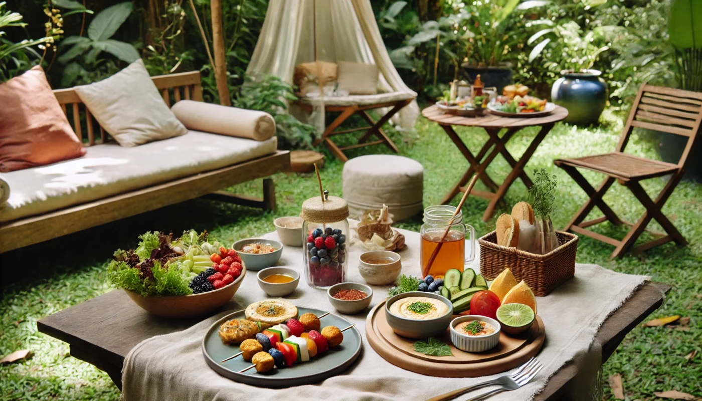 A relaxing outdoor picnic setup featuring fresh vegan dishes such as hummus, vegetable skewers, mixed berry salad, and herbal tea. The meal is arranged on a wooden picnic table with a linen cloth, surrounded by lush greenery, enhancing the natural and peaceful atmosphere.