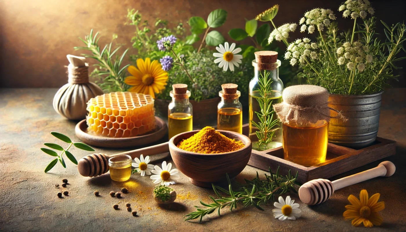 A serene composition of healing herbs like thyme, rosemary, and chamomile, arranged with small bottles of infused oils and a wooden bowl of turmeric powder. Fresh honeycomb glistens under soft natural light, symbolizing natural remedies for wound healing.