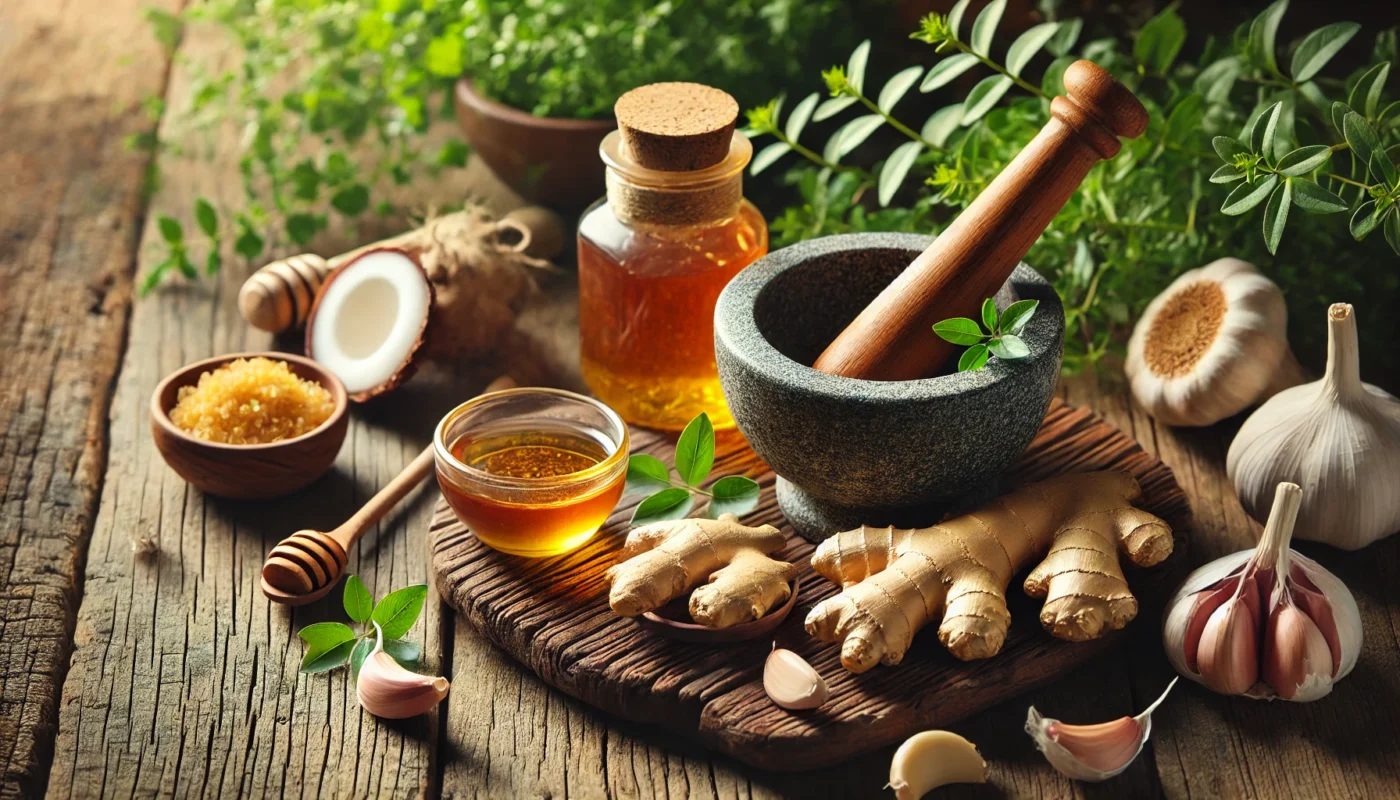 A beautifully arranged natural medicine setting with a mortar and pestle grinding garlic and ginger, symbolizing their antimicrobial properties. Small bowls of honey, coconut oil, and herbal extracts rest on a rustic table, illuminated by warm natural light.