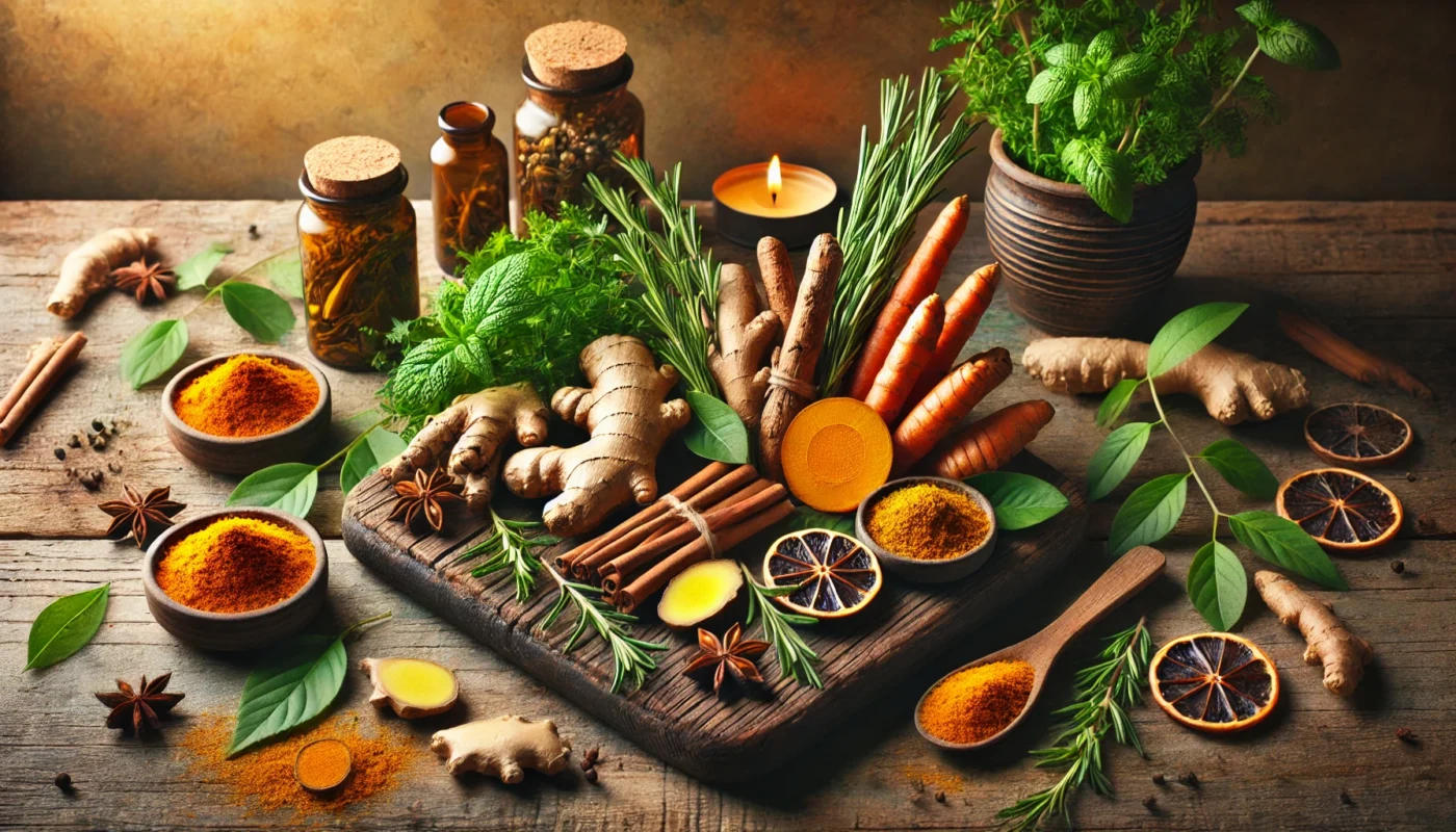 A rustic wooden table displaying natural anti-inflammatory ingredients like turmeric root, ginger, cinnamon sticks, and fresh herbs such as rosemary and basil. The warm, earthy lighting enhances the organic and wholesome aesthetic.