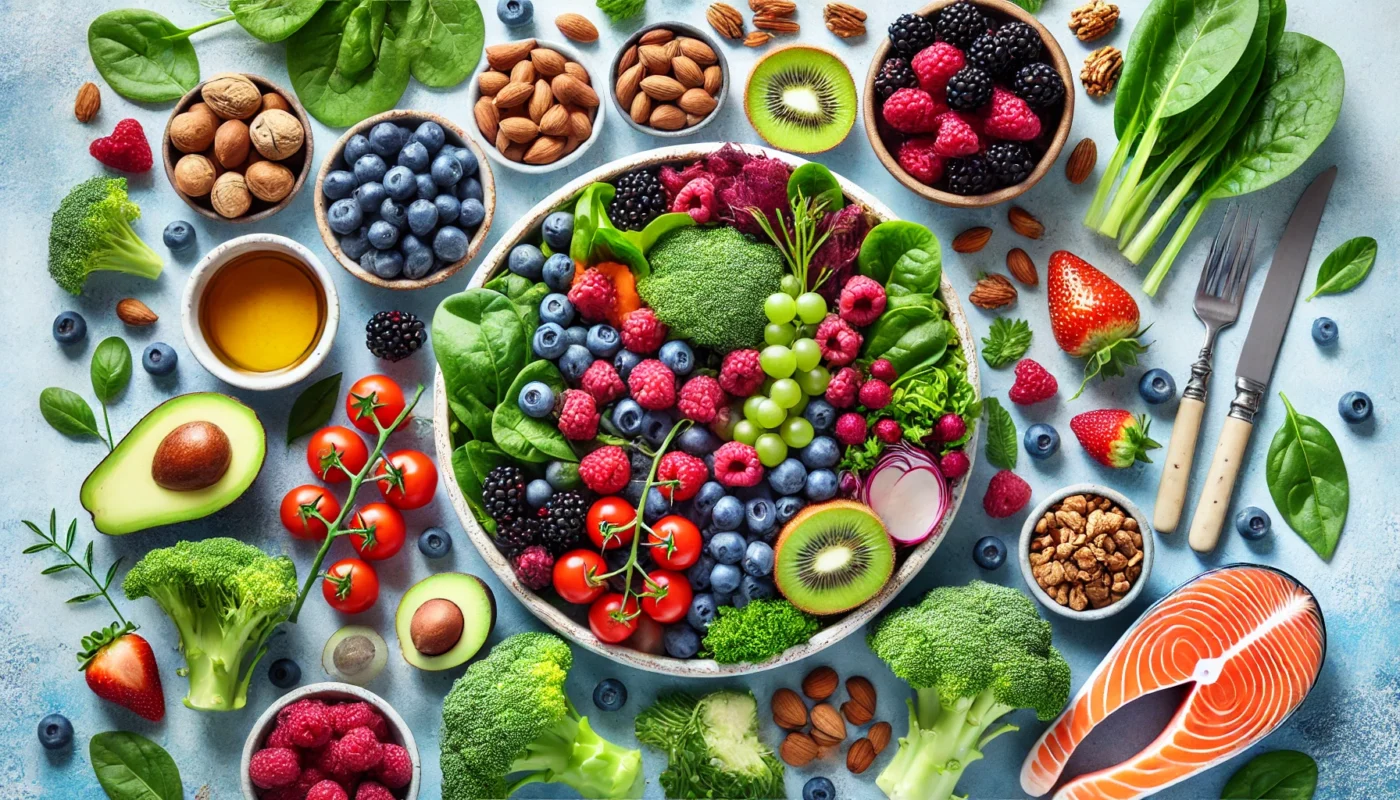 A vibrant flat-lay of anti-inflammatory foods, including fresh berries, leafy greens, nuts, and salmon, arranged in a colorful and balanced composition that highlights natural healing through diet.