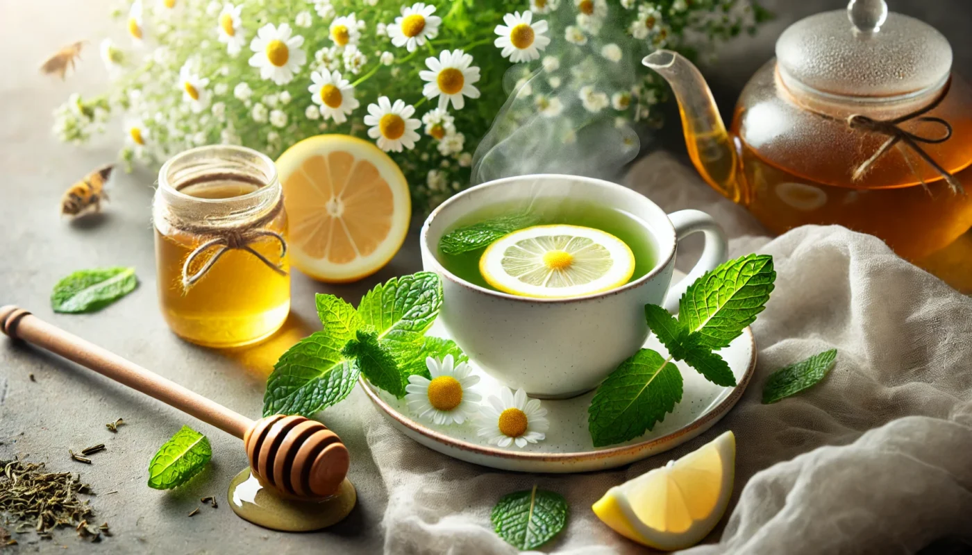 A cozy herbal tea setup featuring a steaming cup of chamomile and green tea, accompanied by fresh mint leaves, lemon slices, and honey. The soft natural lighting creates a soothing and anti-inflammatory atmosphere.