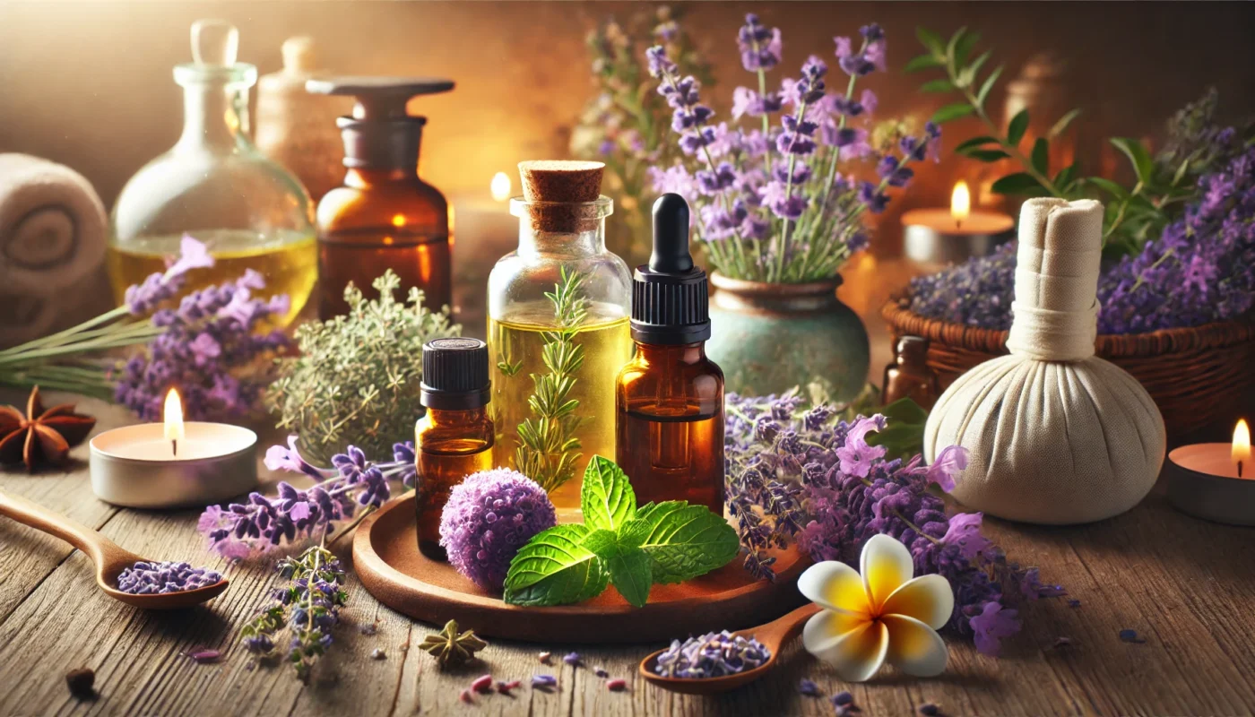 A spa-like natural remedy scene with essential oils in glass bottles, surrounded by healing herbs and flowers such as lavender and eucalyptus. The warm lighting and organic composition emphasize relaxation and wellness.