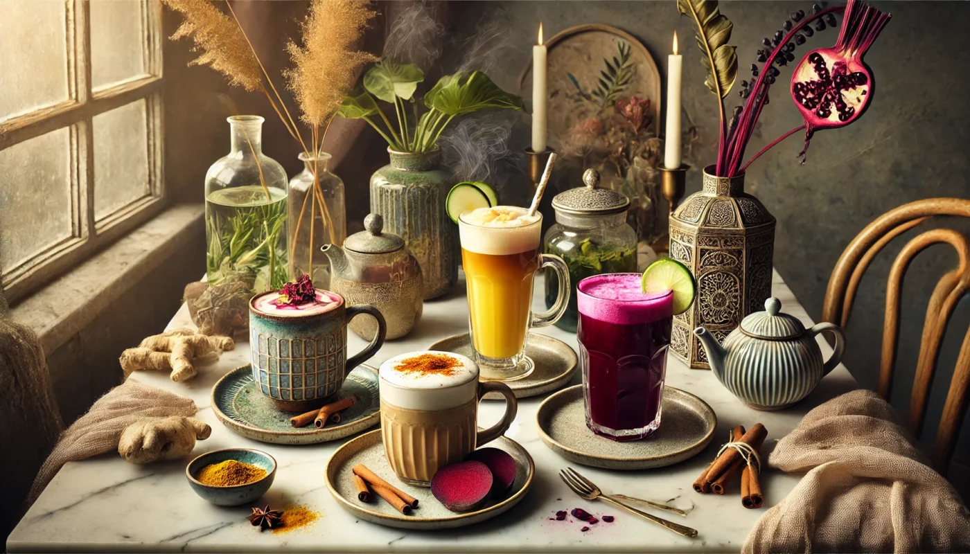  A cozy café-style setup on a marble countertop showcasing four anti-inflammatory drinks, including a turmeric cinnamon-infused milk, beetroot ginger juice, aloe vera cucumber detox drink, and an elderberry hibiscus tea, elegantly presented with fresh herbs and natural lighting.