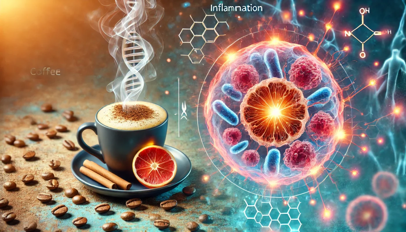 A scientific visualization of coffee’s impact on inflammation, showing a steaming cup of coffee connected to magnified human cells with glowing energy lines. Some cells display inflammation markers, blending warm coffee tones with cool biological hues.