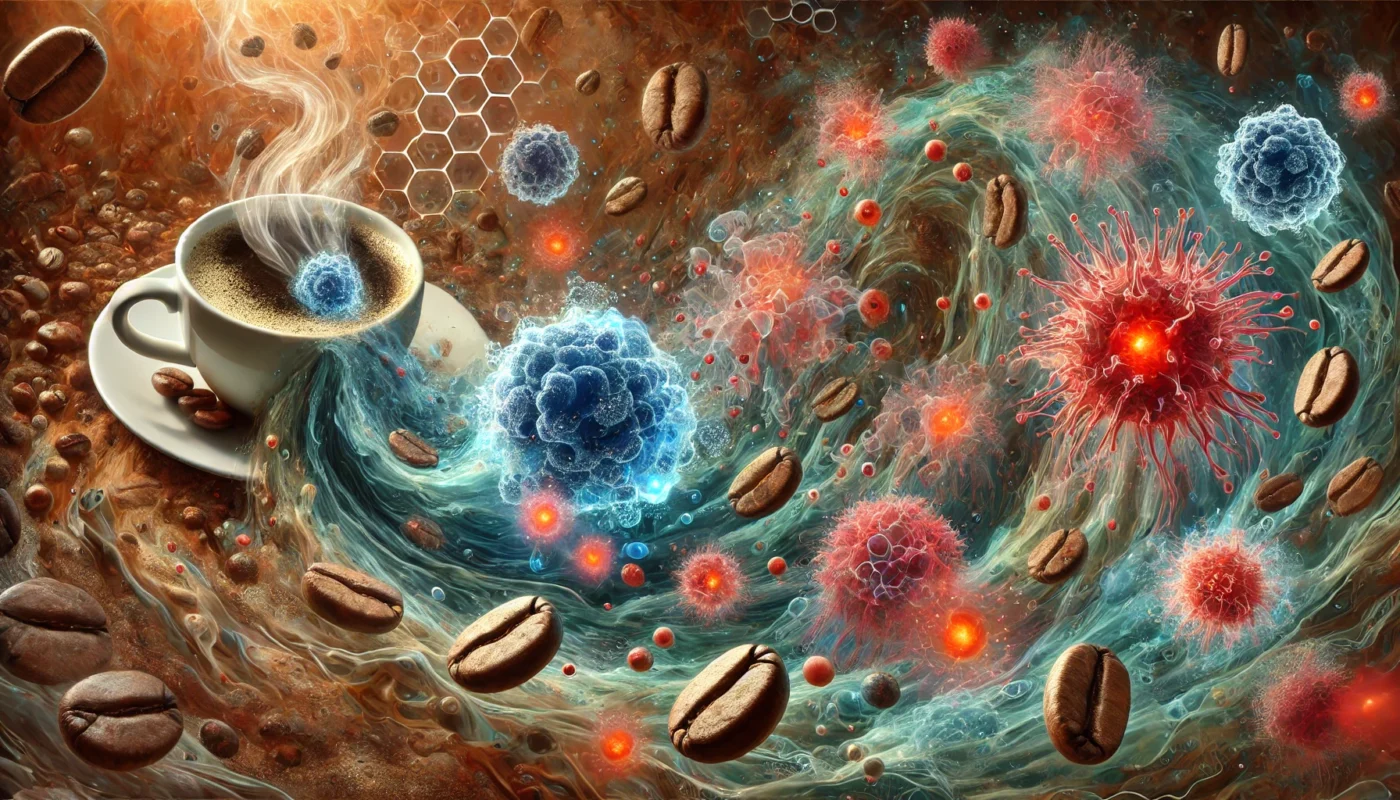 An artistic representation of coffee’s effect on the immune system, where dissolving coffee beans transform into moving immune cells. Blue tones indicate reduced inflammation, while red signifies an inflammatory response, set against an abstract cellular background.