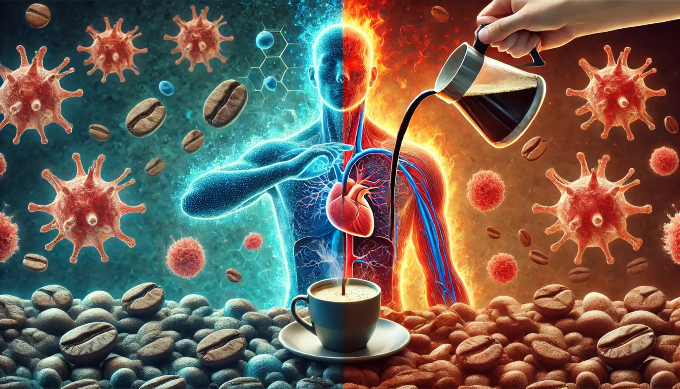  A conceptual image illustrating the dual nature of coffee in inflammation. One half of the image shows healthy, calm blue cells, while the other side highlights irritated red cells. Coffee pours at the center, splitting into nourishing and inflammatory streams.