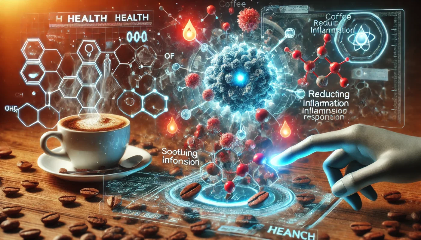 A futuristic depiction of coffee molecules interacting with human cells in a high-tech holographic display. Some molecules emit soothing blue signals reducing inflammation, while others glow red, triggering an inflammatory reaction, against a digital health research background