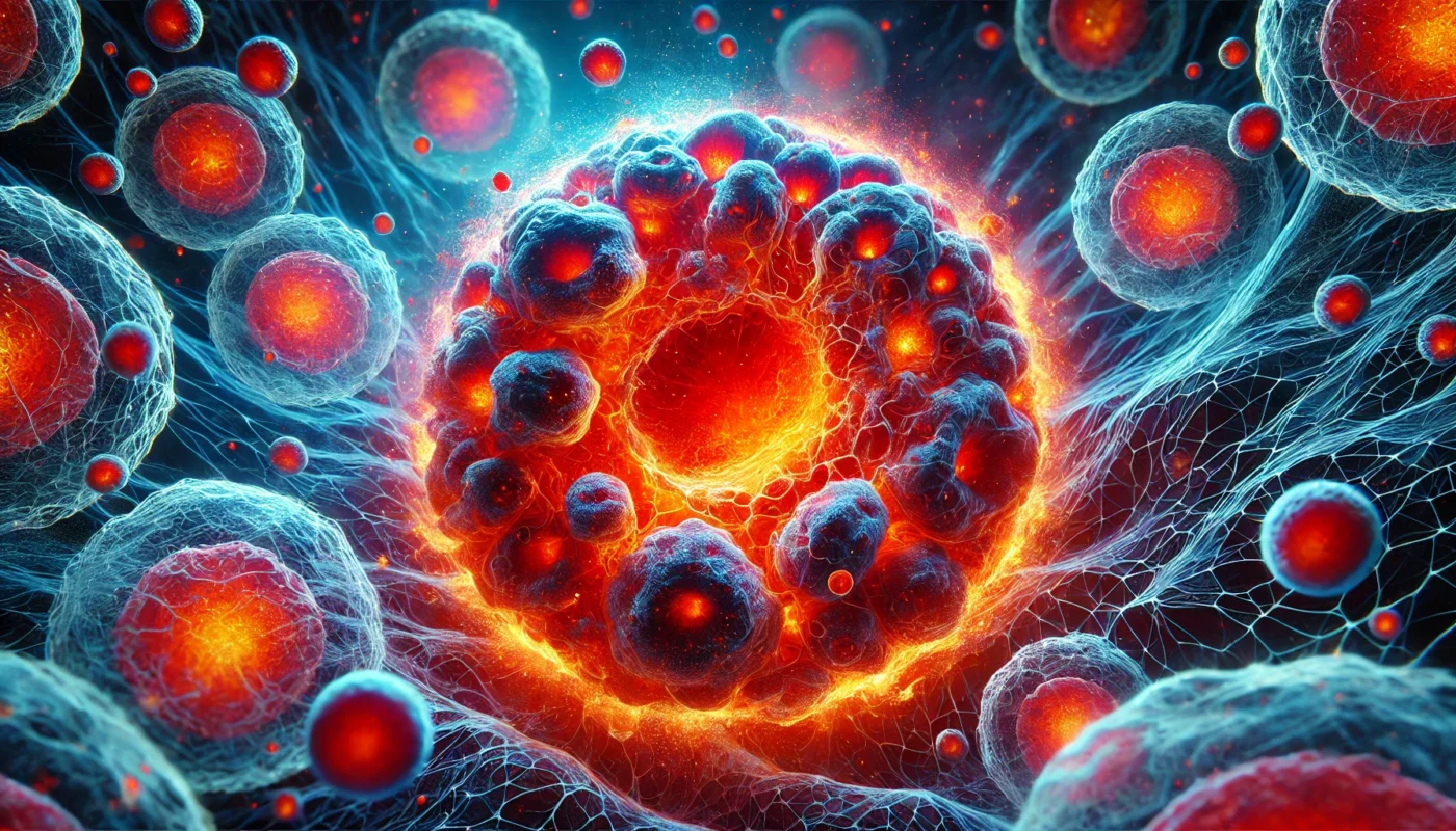 A visually striking depiction of inflamed cells glowing in red and orange, contrasting with healthy blue cells, symbolizing the internal distress of chronic inflammation.