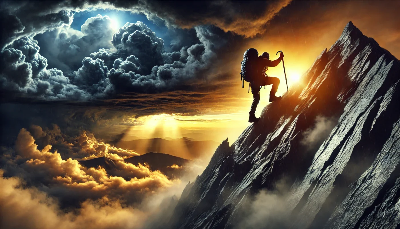 A climber scaling a steep mountain with dark storm clouds behind and a golden sunrise breaking through ahead, symbolizing perseverance and overcoming obstacles.